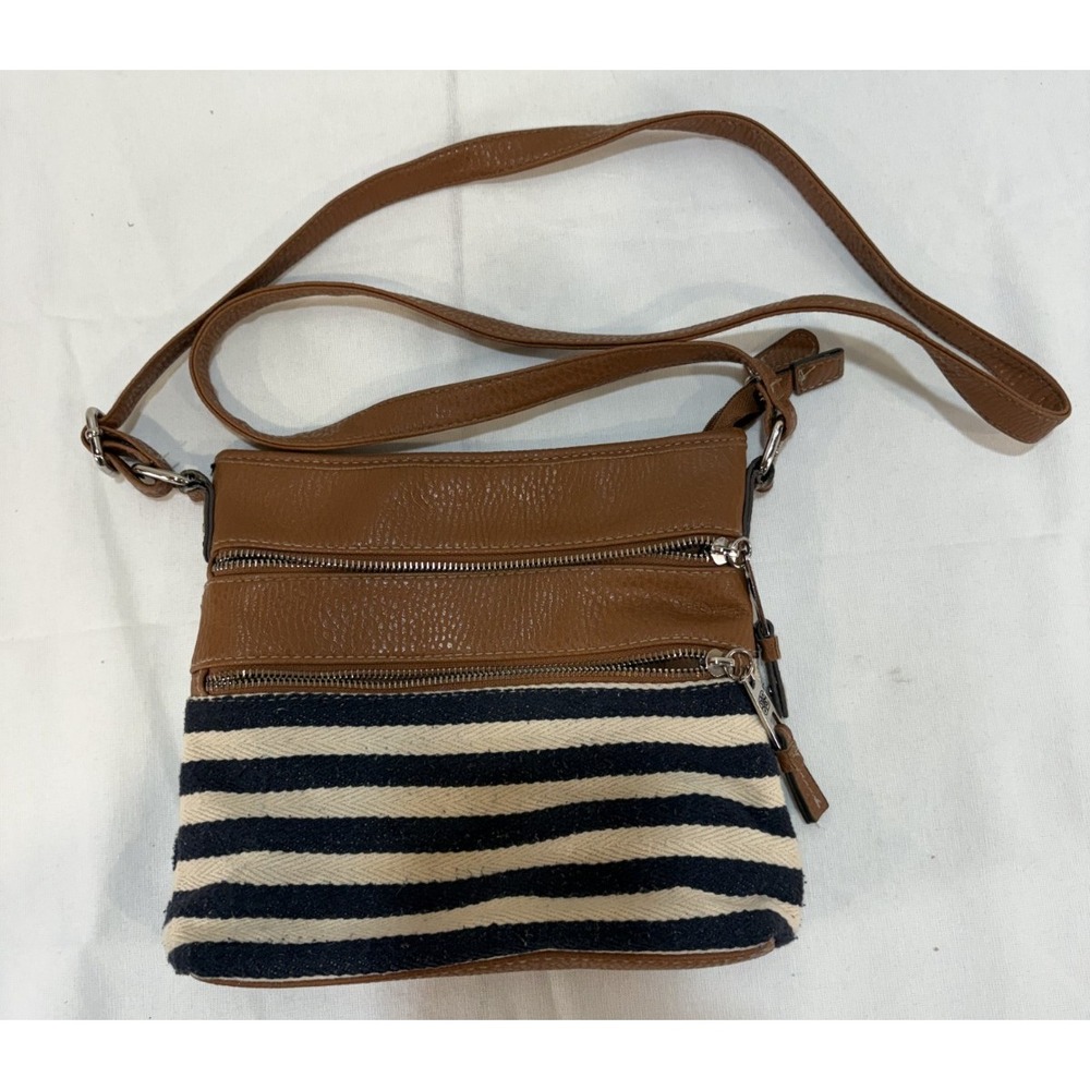 Navy & White Horizontal Striped Cotton & Leather 8"x9" Purse w/ Shoulder Strap